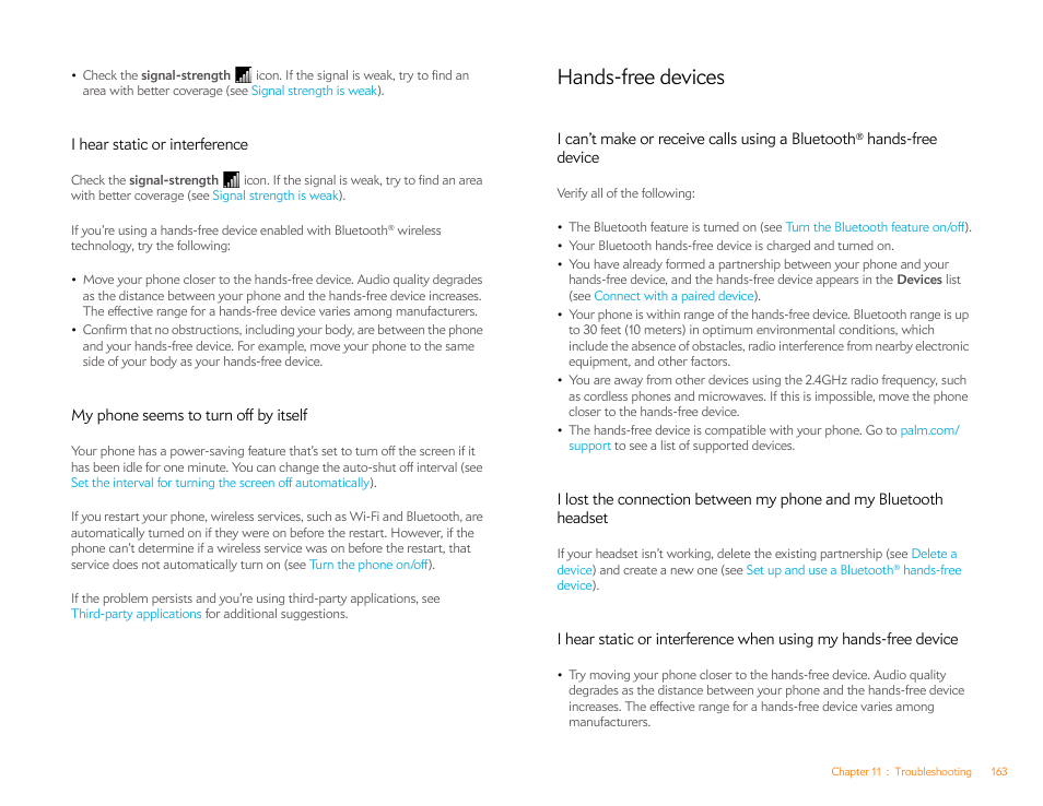 I hear static or interference, My phone seems to turn off by itself, Hands-free devices | Palm Pixi Plus User Manual | Page 163 / 201