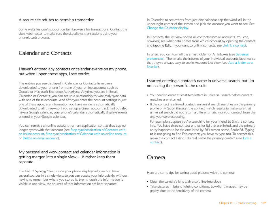 A secure site refuses to permit a transaction, Calendar and contacts, Camera | Palm Pixi Plus User Manual | Page 169 / 201