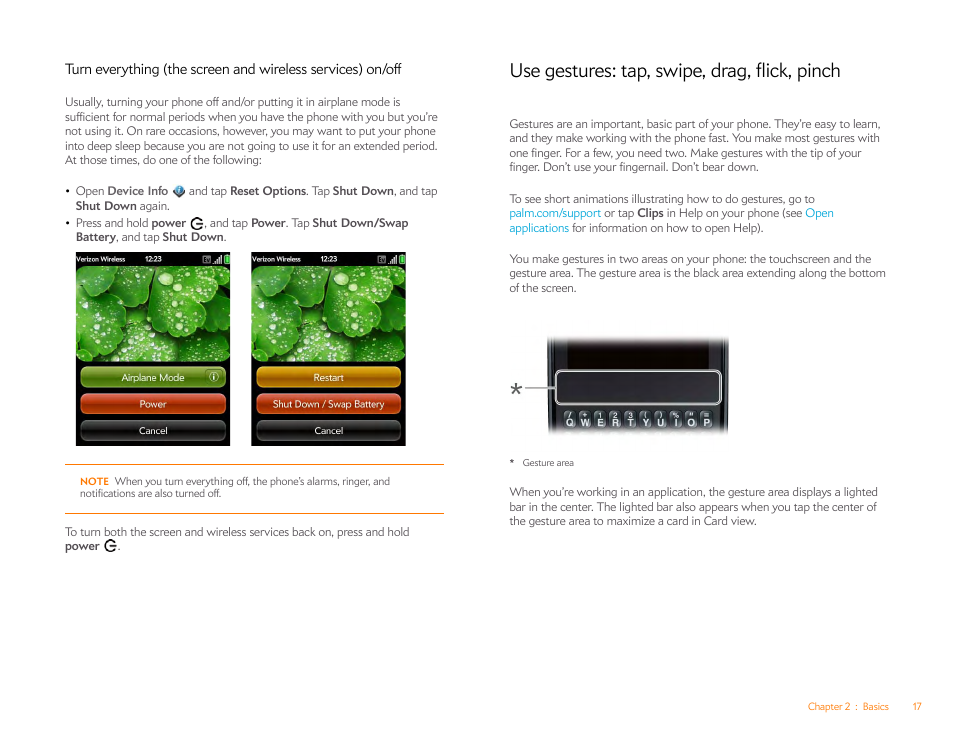 Use gestures: tap, swipe, drag, flick, pinch, Turn everything (the screen and wireless services), On/off | Palm Pixi Plus User Manual | Page 17 / 201