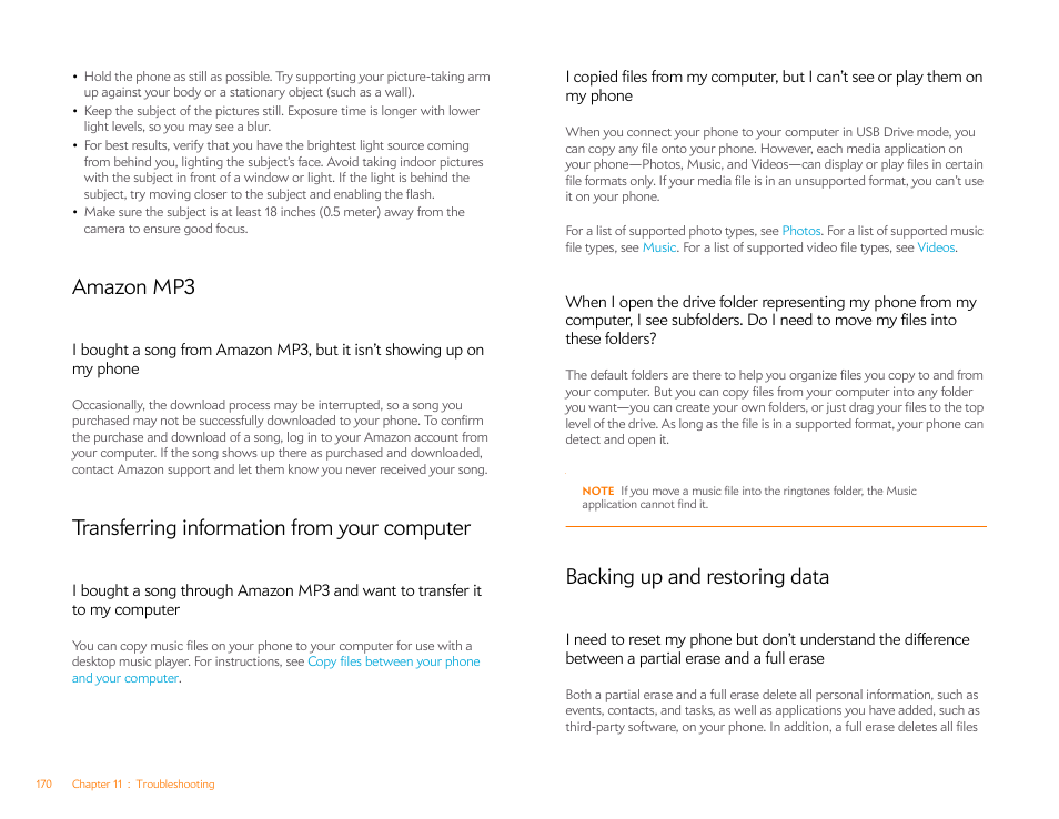 Amazon mp3, Transferring information from your computer, Backing up and restoring data | Palm Pixi Plus User Manual | Page 170 / 201