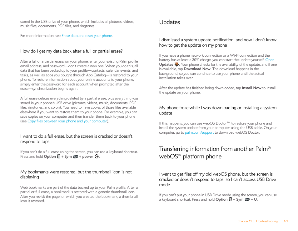 Updates, Transferring information from another palm, Webos™ platform phone | Palm Pixi Plus User Manual | Page 171 / 201