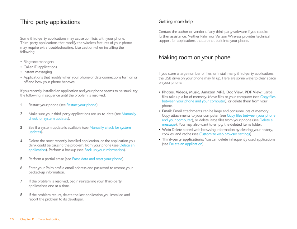 Third-party applications, Getting more help, Making room on your phone | Palm Pixi Plus User Manual | Page 172 / 201