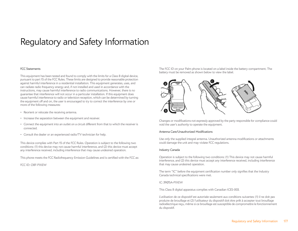 Regulatory and safety information | Palm Pixi Plus User Manual | Page 177 / 201