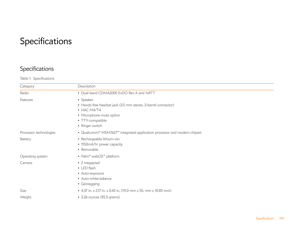 Specifications | Palm Pixi Plus User Manual | Page 185 / 201