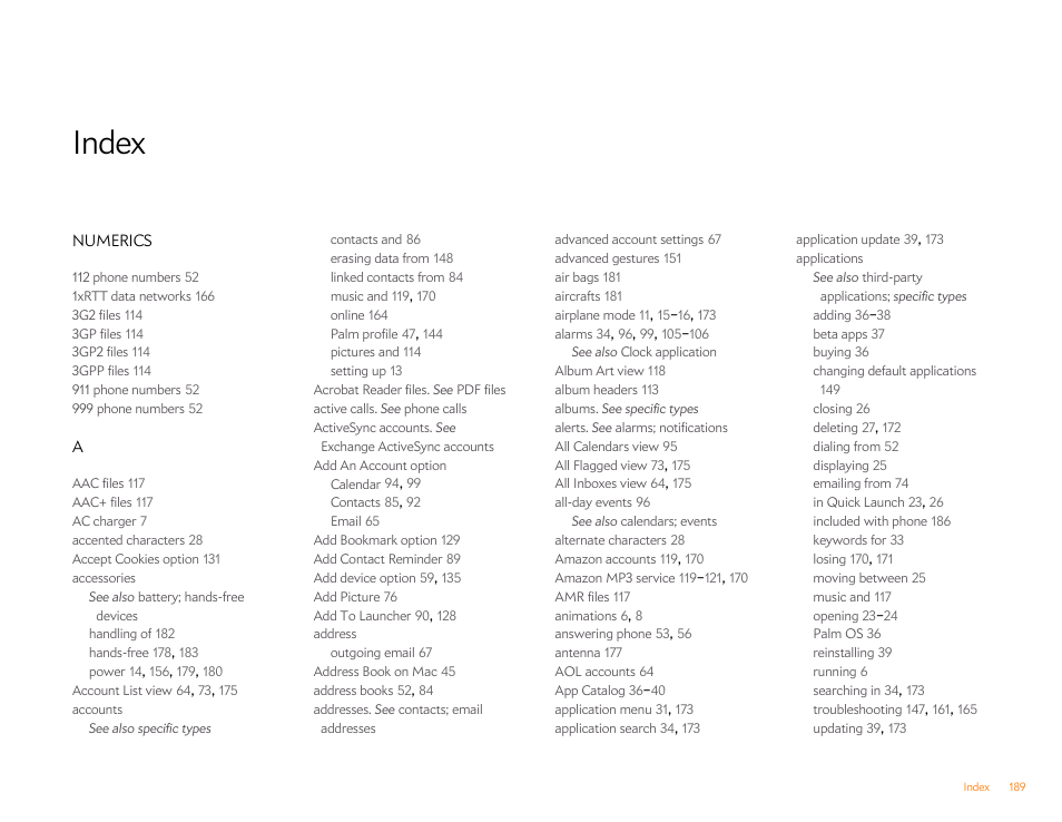 Index, Numerics | Palm Pixi Plus User Manual | Page 189 / 201