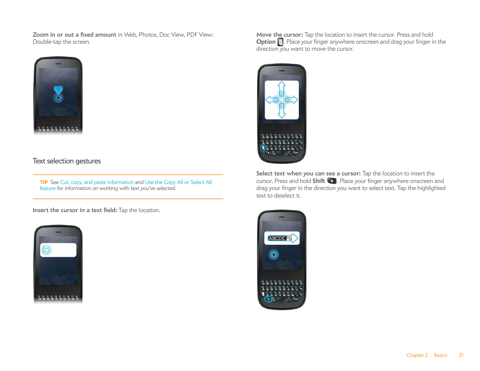 Text selection gestures, Text selection, Gestures | Palm Pixi Plus User Manual | Page 21 / 201