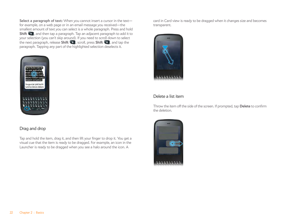 Drag and drop, Delete a list item | Palm Pixi Plus User Manual | Page 22 / 201