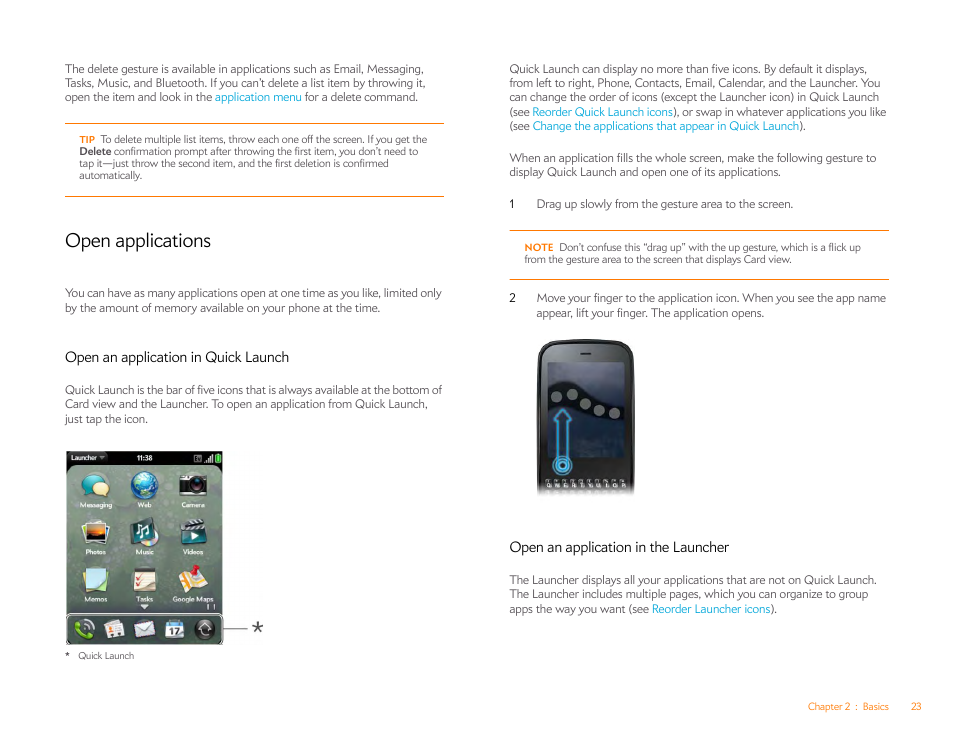 Open applications, Open an application in quick launch, Open an application in the launcher | Palm Pixi Plus User Manual | Page 23 / 201