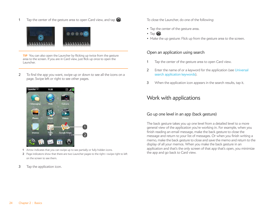 Open an application using search, Work with applications, Go up one level in an app (back gesture) | Palm Pixi Plus User Manual | Page 24 / 201