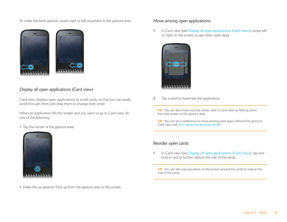Display all open applications (card view), Move among open applications, Reorder open cards | Palm Pixi Plus User Manual | Page 25 / 201