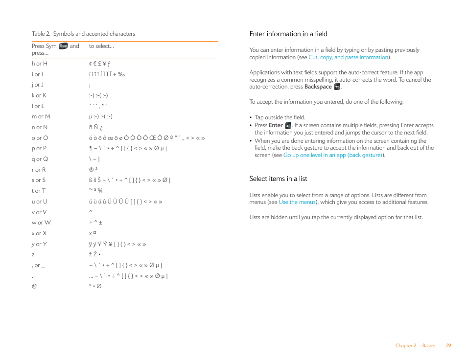 Enter information in a field, Select items in a list | Palm Pixi Plus User Manual | Page 29 / 201