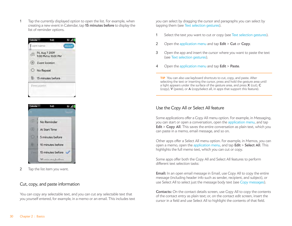 Cut, copy, and paste information, Use the copy all or select all feature, Use the copy all or select all | Feature | Palm Pixi Plus User Manual | Page 30 / 201