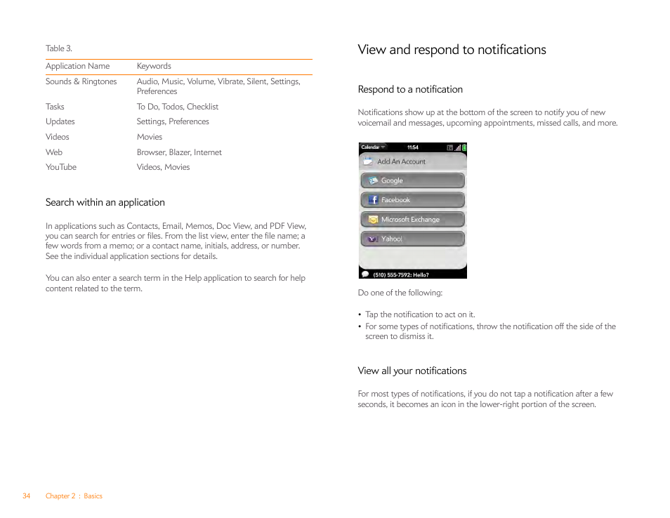 Search within an application, View and respond to notifications, Respond to a notification | View all your notifications | Palm Pixi Plus User Manual | Page 34 / 201