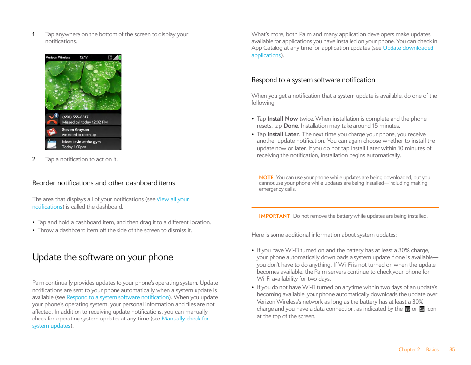 Reorder notifications and other dashboard items, Update the software on your phone, Respond to a system software notification | Palm Pixi Plus User Manual | Page 35 / 201