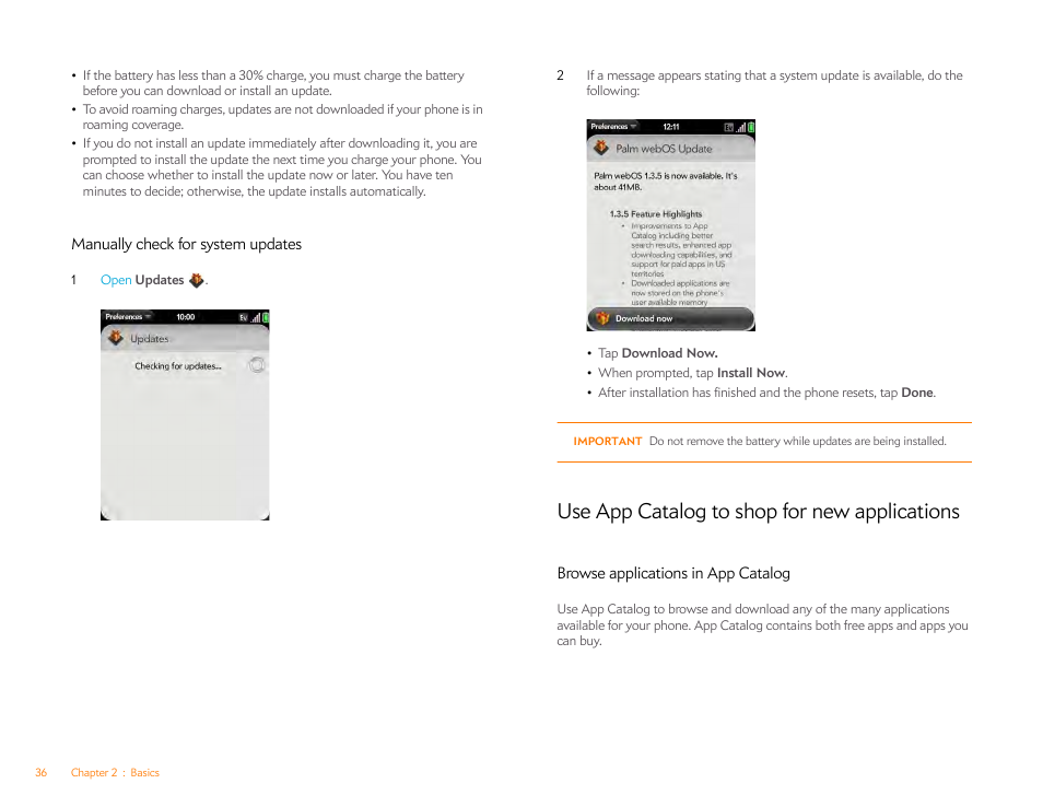 Manually check for system updates, Use app catalog to shop for new applications, Browse applications in app catalog | Manually check for, System updates | Palm Pixi Plus User Manual | Page 36 / 201