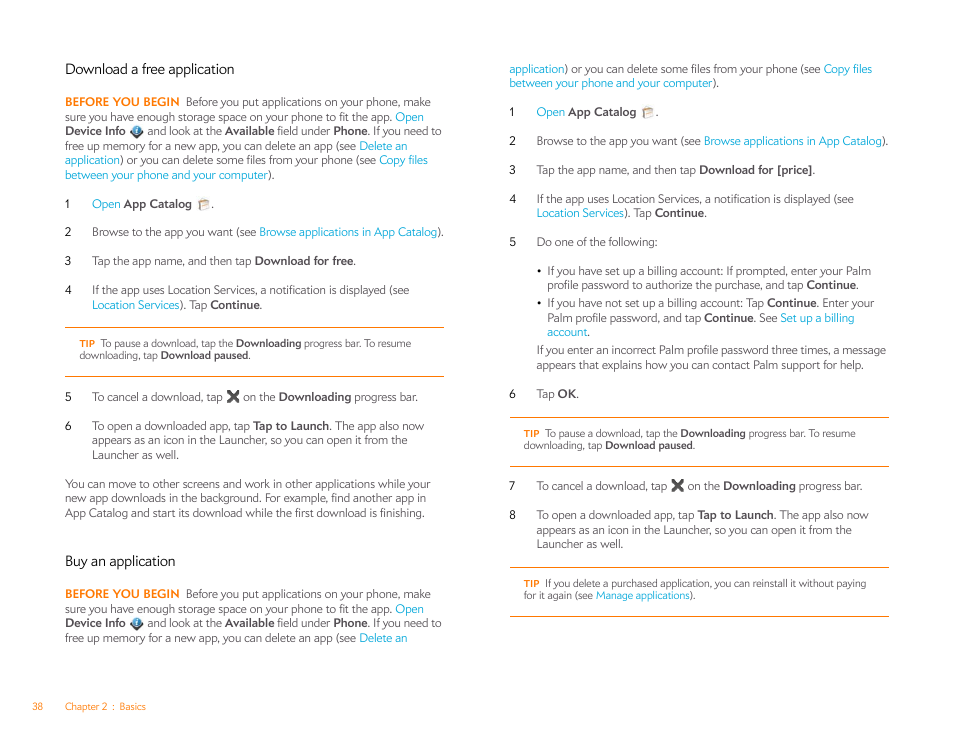 Download a free application, Buy an application | Palm Pixi Plus User Manual | Page 38 / 201