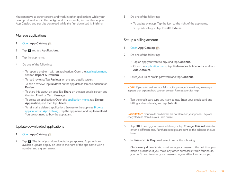 Manage applications, Update downloaded applications, Set up a billing account | Update downloaded, Applications, Set up a billing, Account | Palm Pixi Plus User Manual | Page 39 / 201