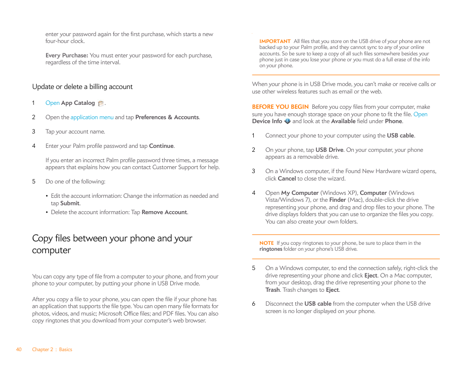 Update or delete a billing account, Copy files between your phone and your computer, Copy files | Between your phone and your computer | Palm Pixi Plus User Manual | Page 40 / 201