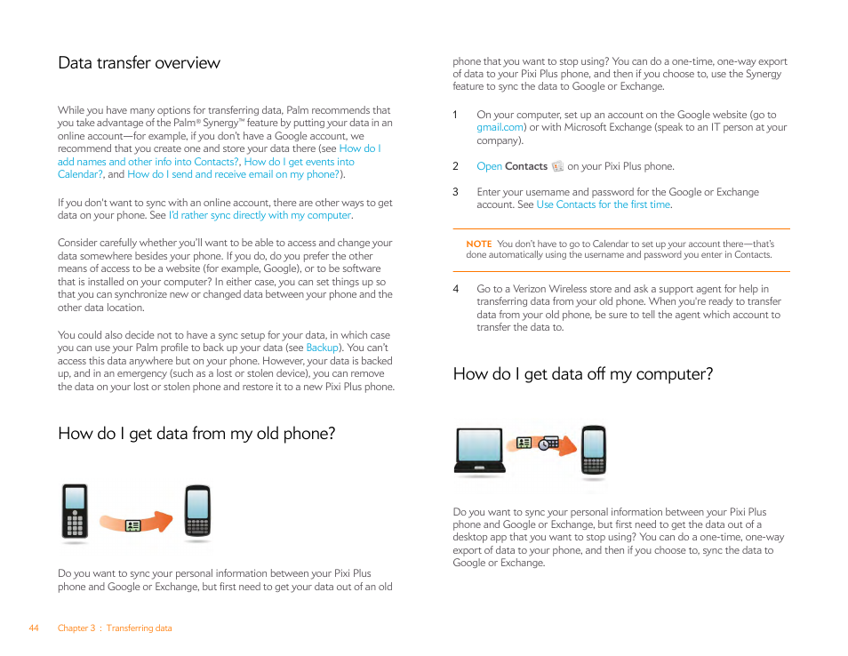 Data transfer overview, How do i get data from my old phone, How do i get data off my computer | How do i get, Data off my computer | Palm Pixi Plus User Manual | Page 44 / 201