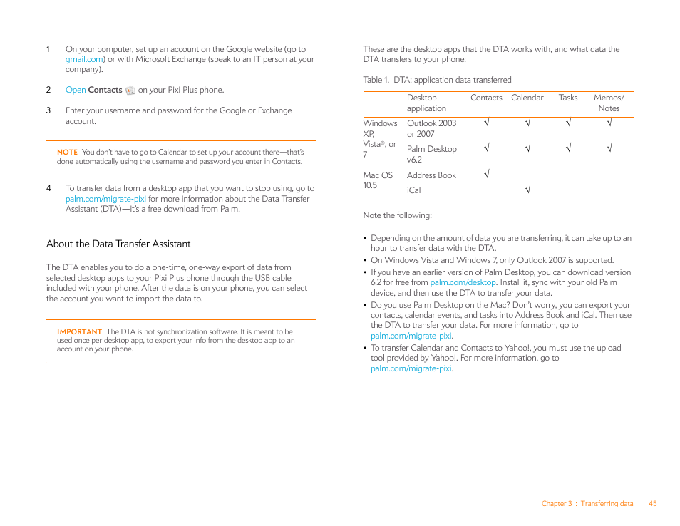 About the data transfer assistant | Palm Pixi Plus User Manual | Page 45 / 201