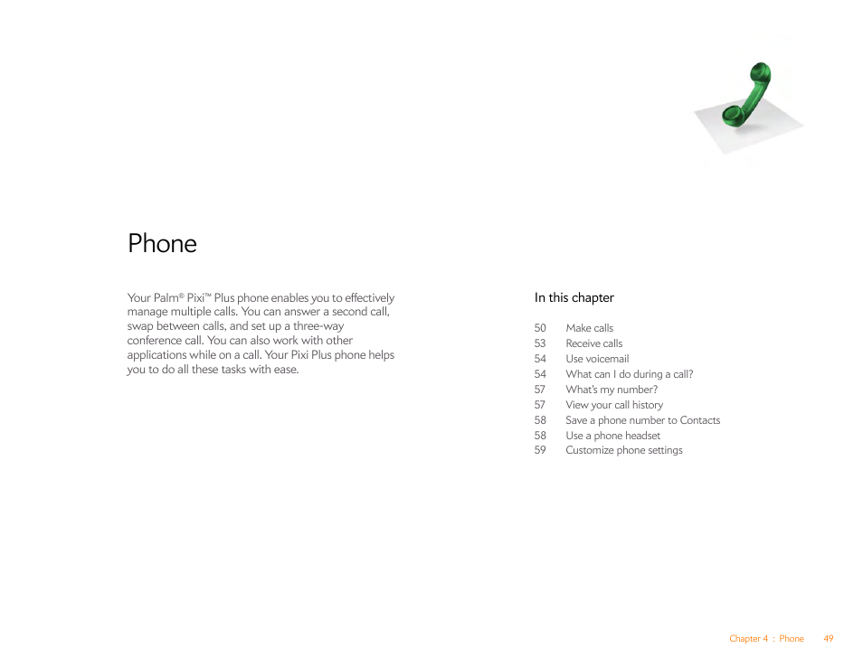 Phone, Chapter 4 | Palm Pixi Plus User Manual | Page 49 / 201