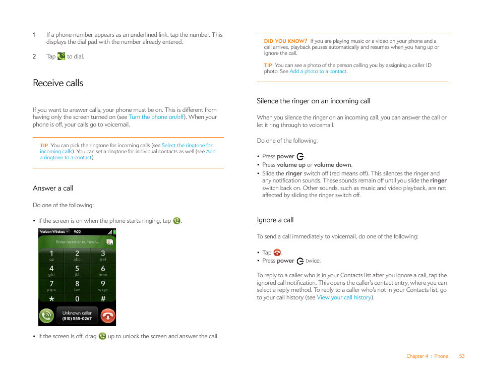 Receive calls, Answer a call, Silence the ringer on an incoming call | Ignore a call | Palm Pixi Plus User Manual | Page 53 / 201