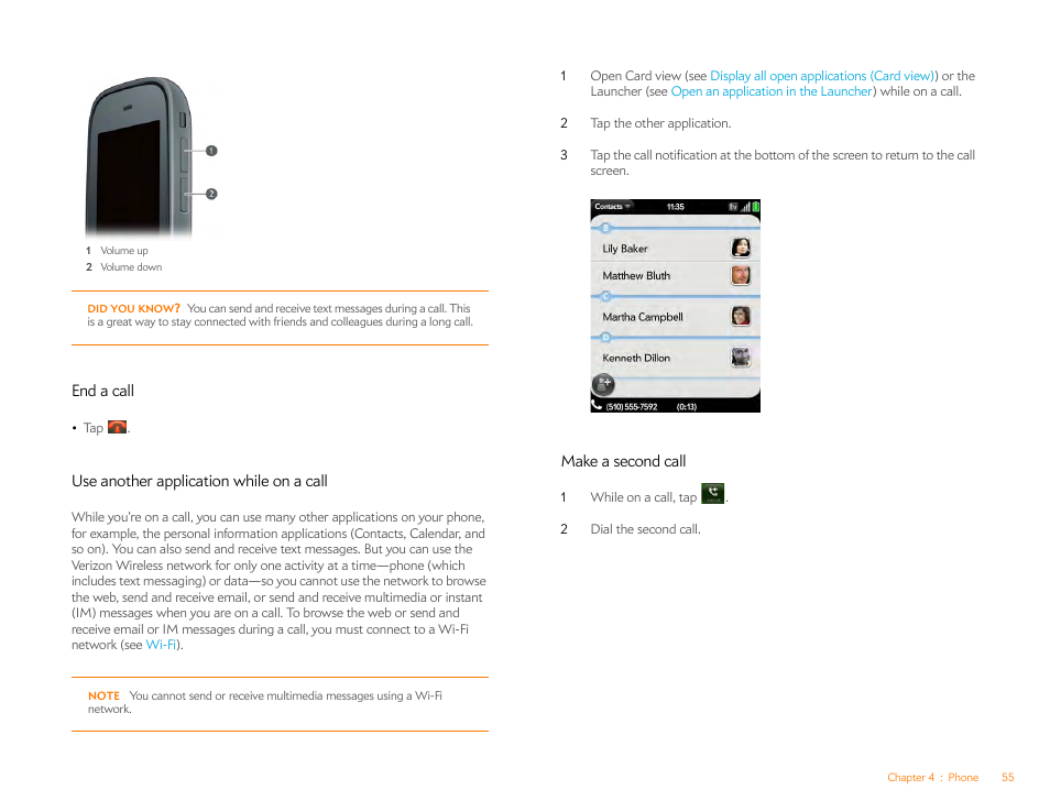 End a call, Use another application while on a call, Make a second call | Palm Pixi Plus User Manual | Page 55 / 201