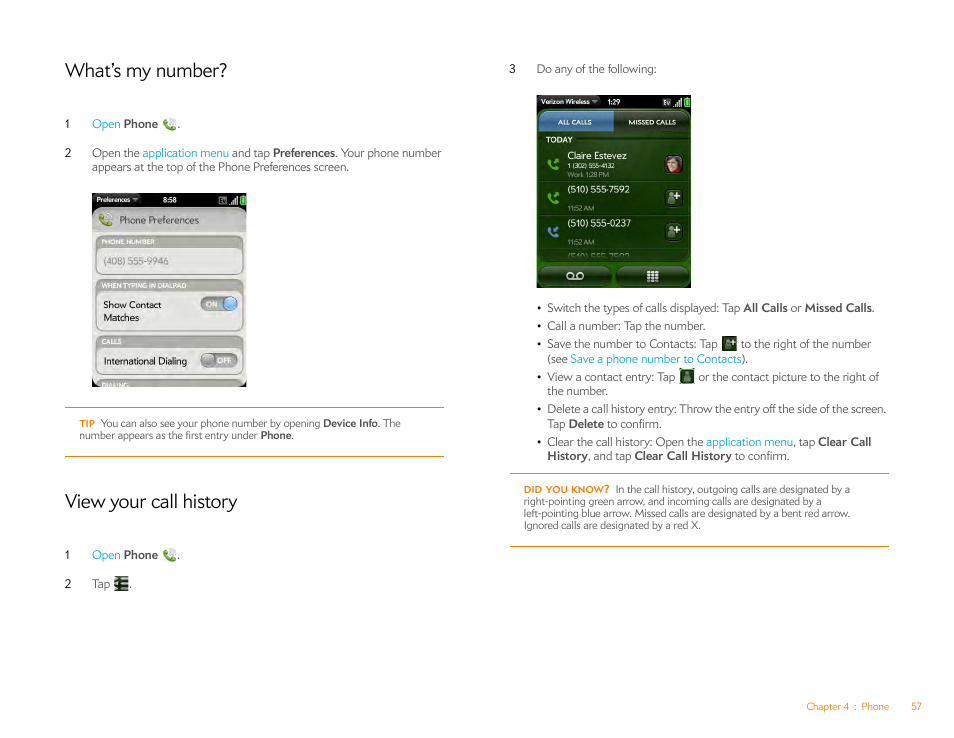 What’s my number, View your call history | Palm Pixi Plus User Manual | Page 57 / 201