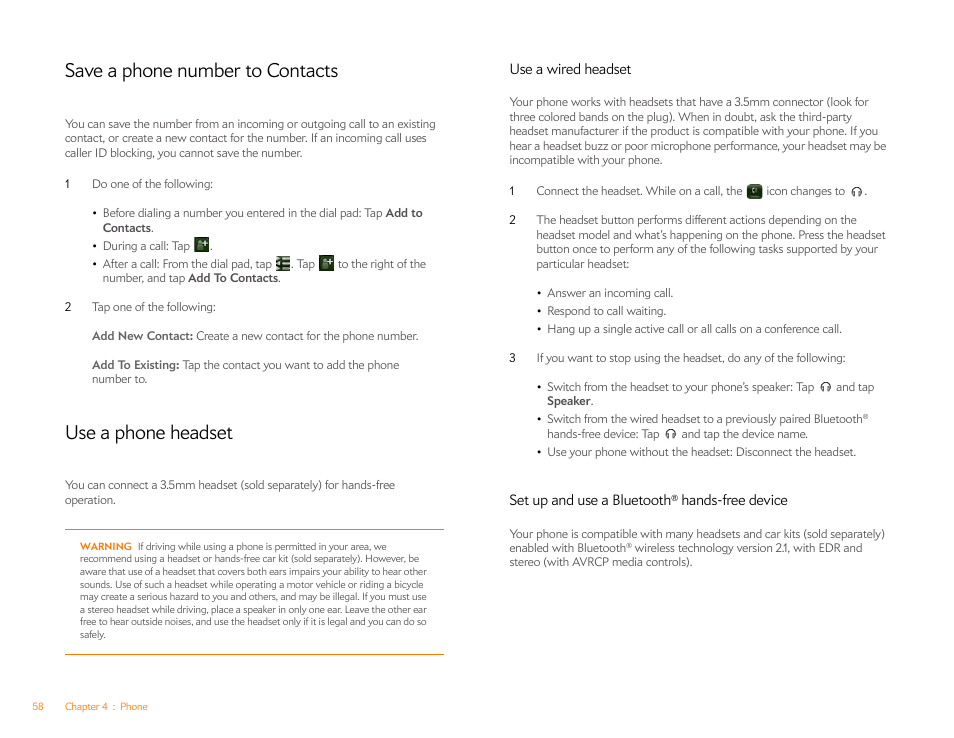 Save a phone number to contacts, Use a phone headset, Use a wired headset | Set up and use a bluetooth® hands-free device | Palm Pixi Plus User Manual | Page 58 / 201