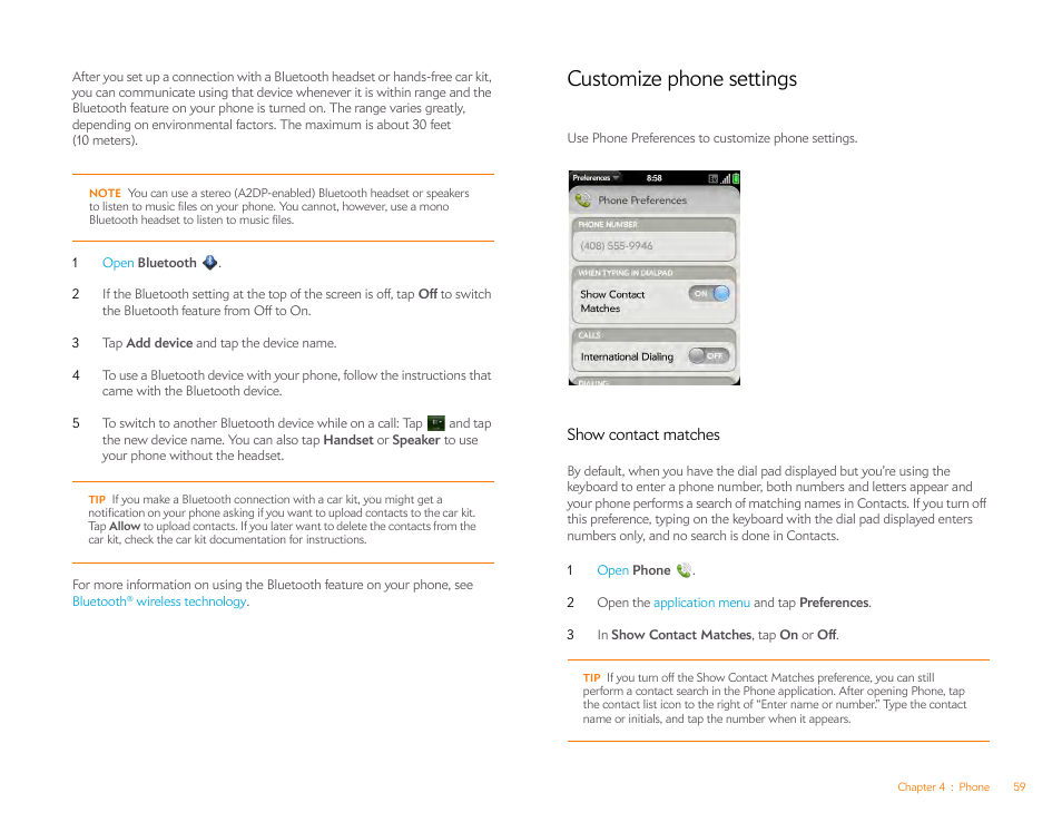 Customize phone settings, Show contact matches | Palm Pixi Plus User Manual | Page 59 / 201