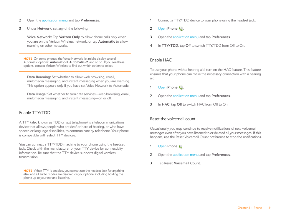 Enable tty/tdd, Enable hac, Reset the voicemail count | Palm Pixi Plus User Manual | Page 61 / 201