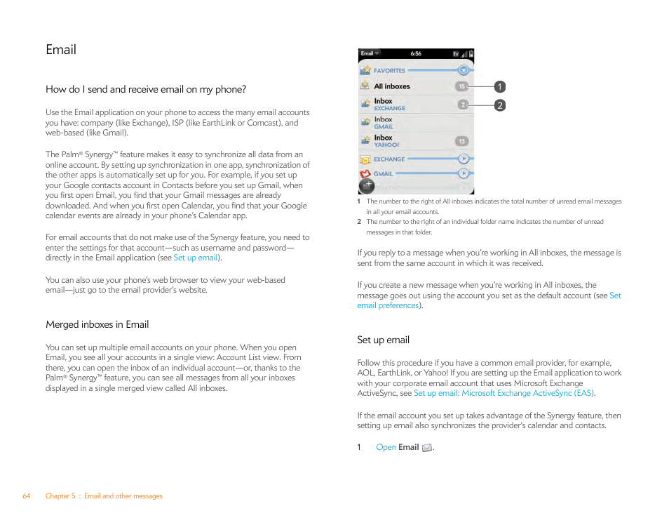 Email, How do i send and receive email on my phone, Merged inboxes in email | Set up email | Palm Pixi Plus User Manual | Page 64 / 201