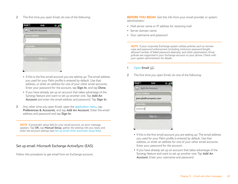 Set up email: microsoft exchange activesync (eas) | Palm Pixi Plus User Manual | Page 65 / 201