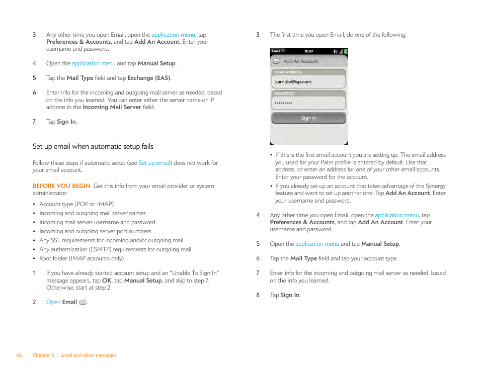 Set up email when automatic setup fails | Palm Pixi Plus User Manual | Page 66 / 201
