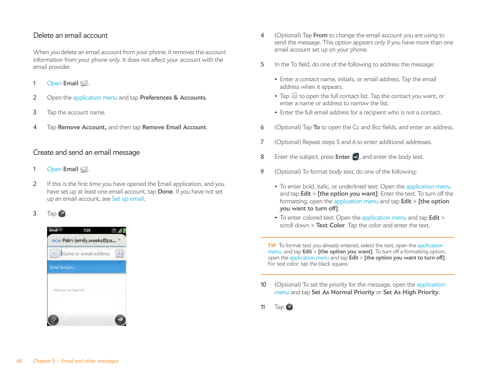Delete an email account, Create and send an email message | Palm Pixi Plus User Manual | Page 68 / 201
