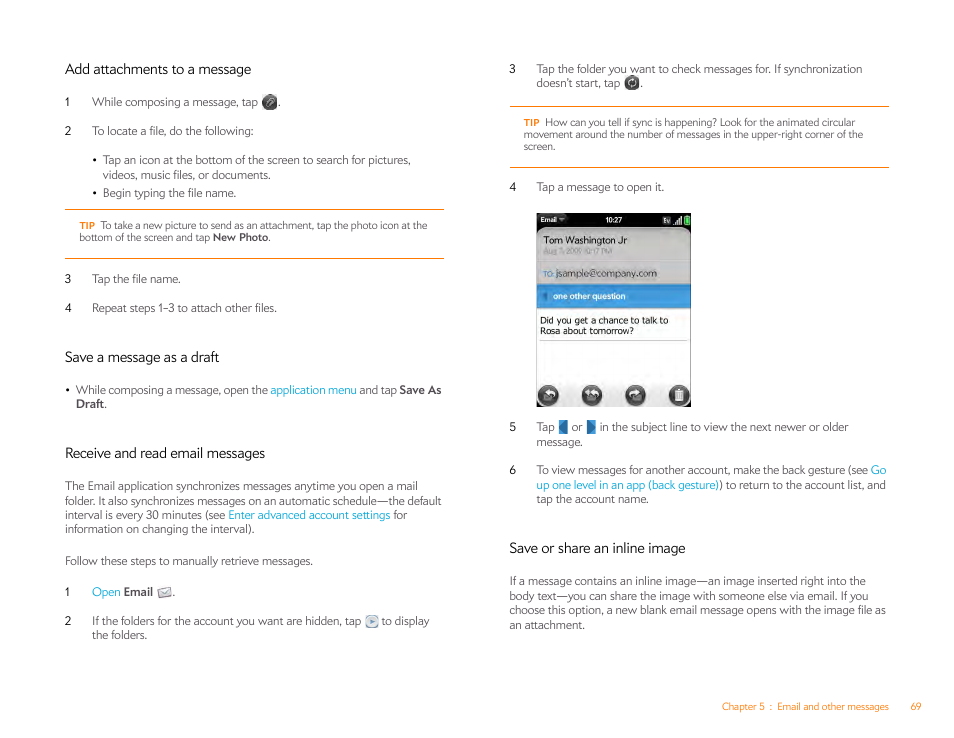 Add attachments to a message, Save a message as a draft, Receive and read email messages | Save or share an inline image | Palm Pixi Plus User Manual | Page 69 / 201