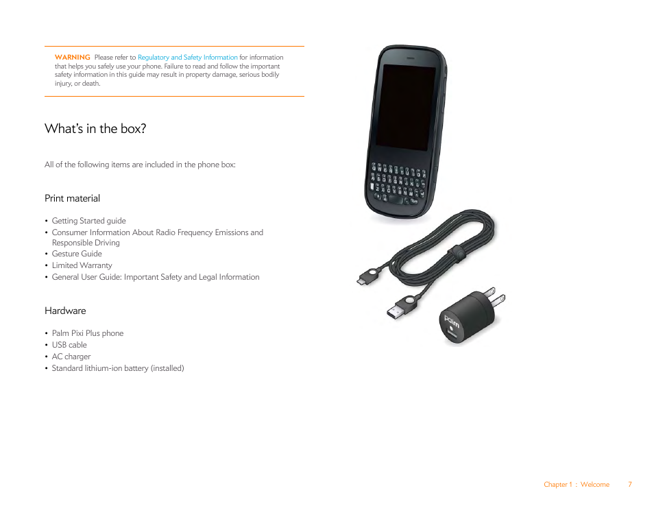 What’s in the box, Print material, Hardware | Palm Pixi Plus User Manual | Page 7 / 201