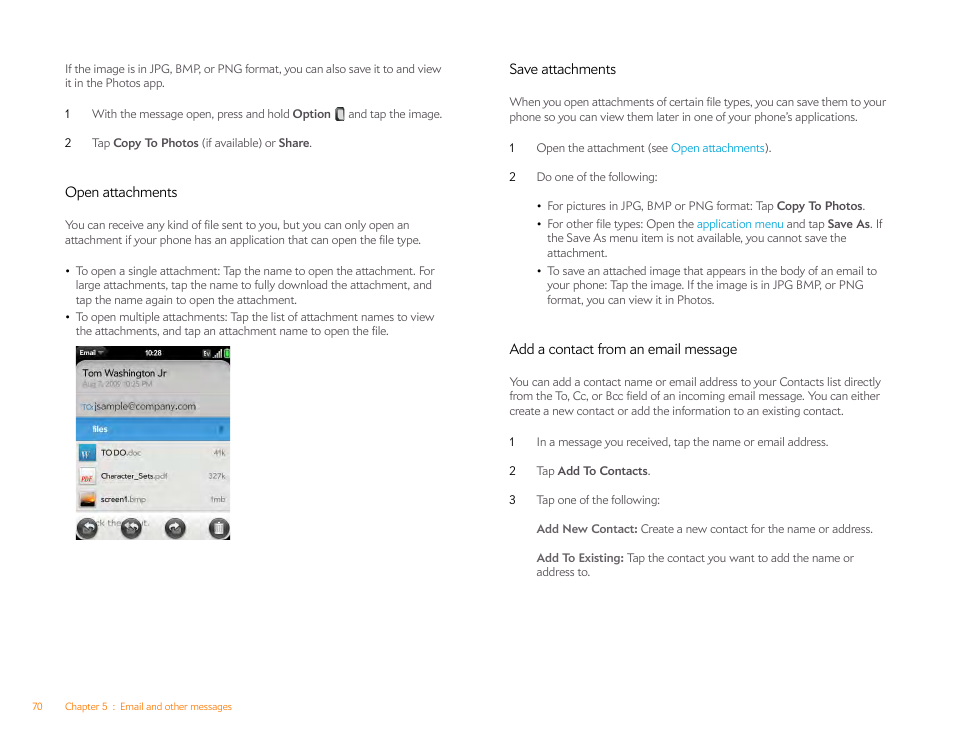 Open attachments, Save attachments, Add a contact from an email message | Palm Pixi Plus User Manual | Page 70 / 201