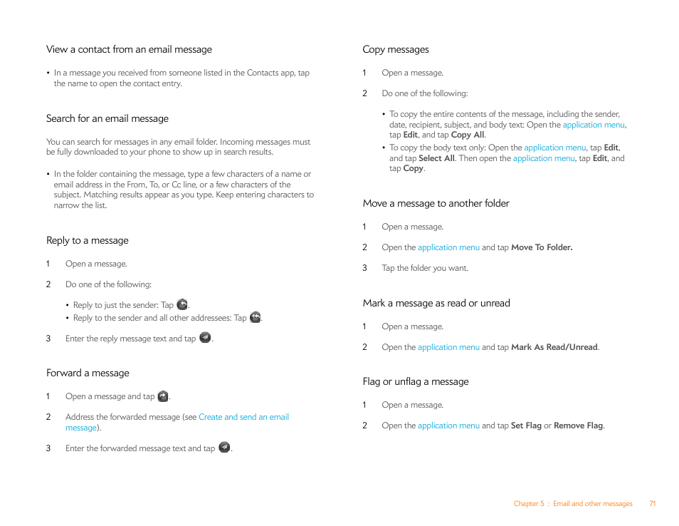 View a contact from an email message, Search for an email message, Reply to a message | Forward a message, Copy messages, Move a message to another folder, Mark a message as read or unread, Flag or unflag a message | Palm Pixi Plus User Manual | Page 71 / 201