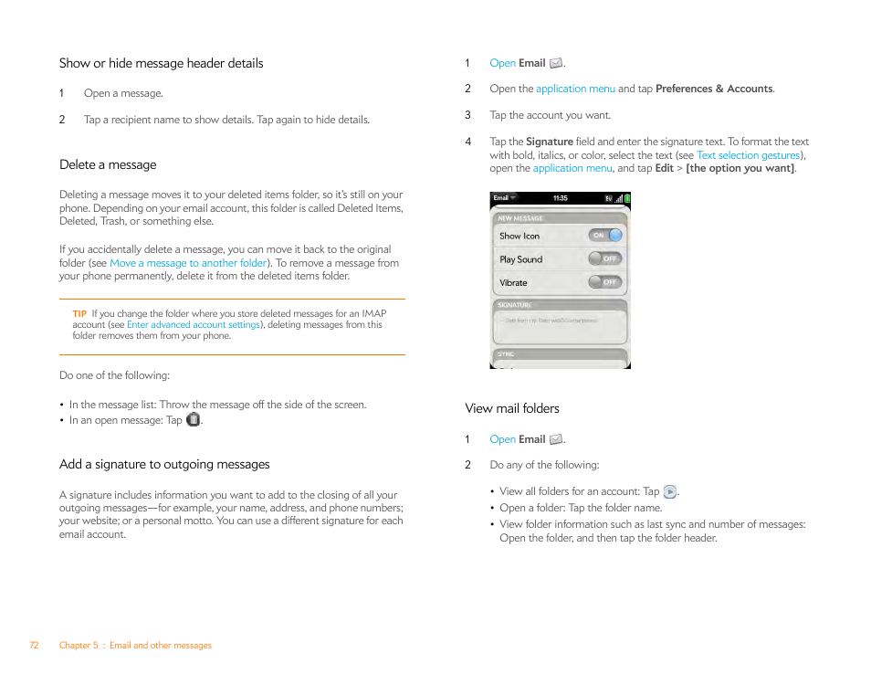 Show or hide message header details, Delete a message, Add a signature to outgoing messages | View mail folders | Palm Pixi Plus User Manual | Page 72 / 201