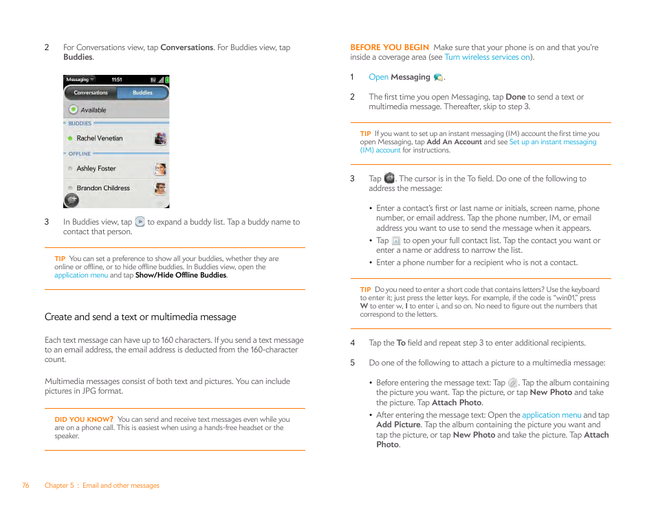 Create and send a text or multimedia message, Create and send a text or multimedia, Message | Create and send a, Text or multimedia message | Palm Pixi Plus User Manual | Page 76 / 201
