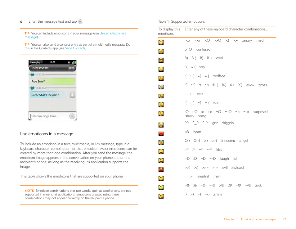 Use emoticons in a message | Palm Pixi Plus User Manual | Page 77 / 201