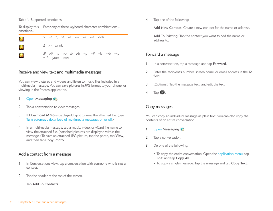 Receive and view text and multimedia messages, Add a contact from a message, Forward a message | Copy messages | Palm Pixi Plus User Manual | Page 78 / 201