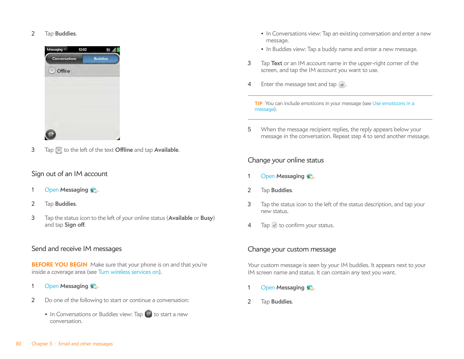 Sign out of an im account, Send and receive im messages, Change your online status | Change your custom message | Palm Pixi Plus User Manual | Page 80 / 201