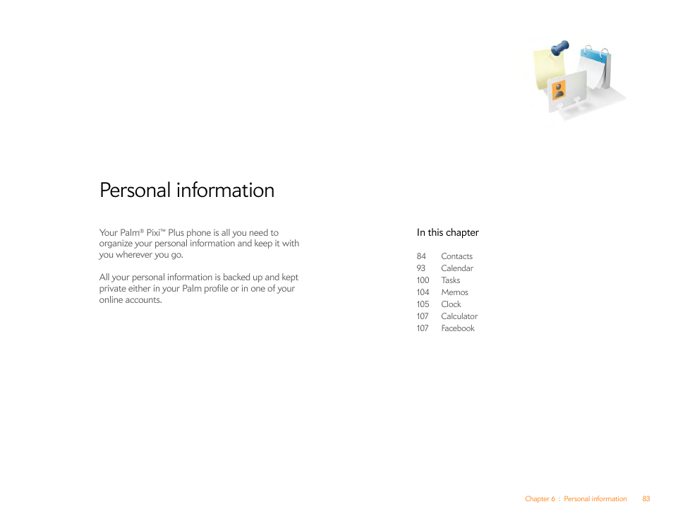 Personal information, Chapter 6 | Palm Pixi Plus User Manual | Page 83 / 201