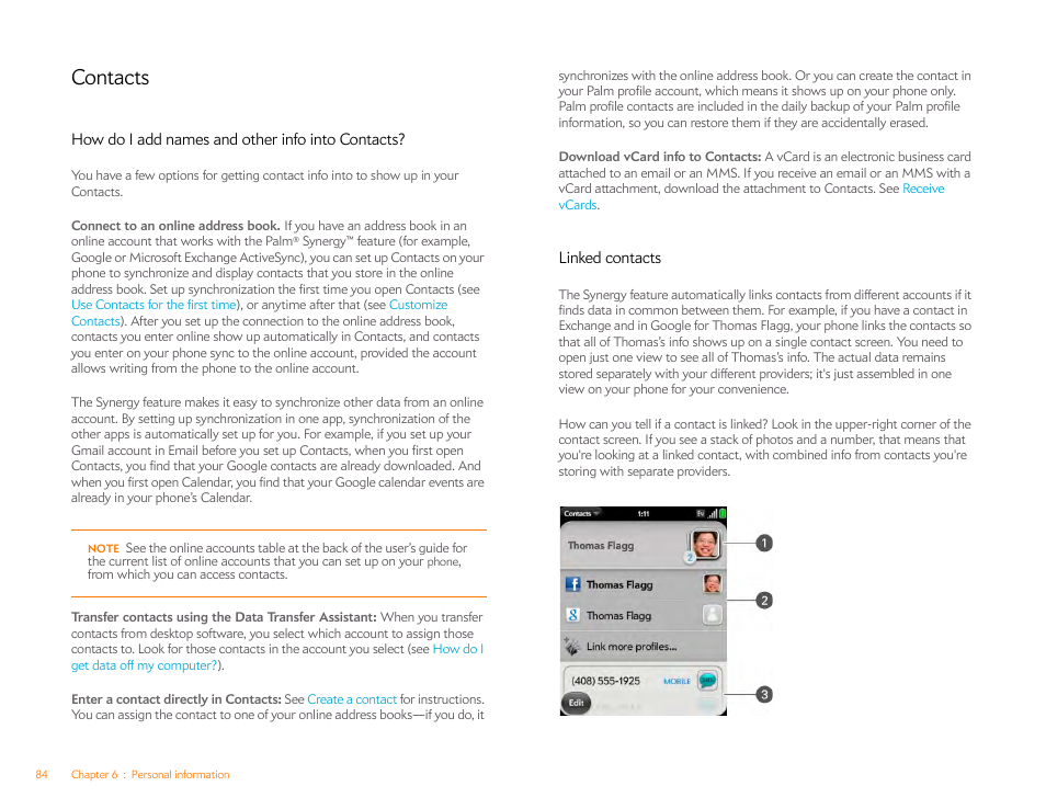 Contacts, How do i add names and other info into contacts, Linked contacts | How do i, Add names and other info into contacts | Palm Pixi Plus User Manual | Page 84 / 201