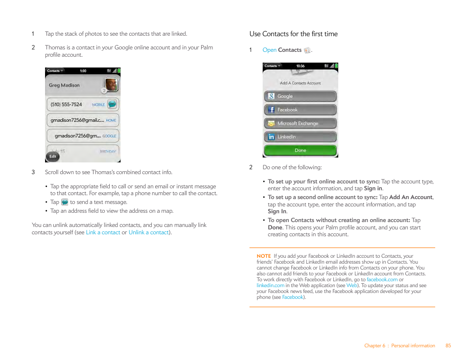 Use contacts for the first time, Contacts for the first time | Palm Pixi Plus User Manual | Page 85 / 201