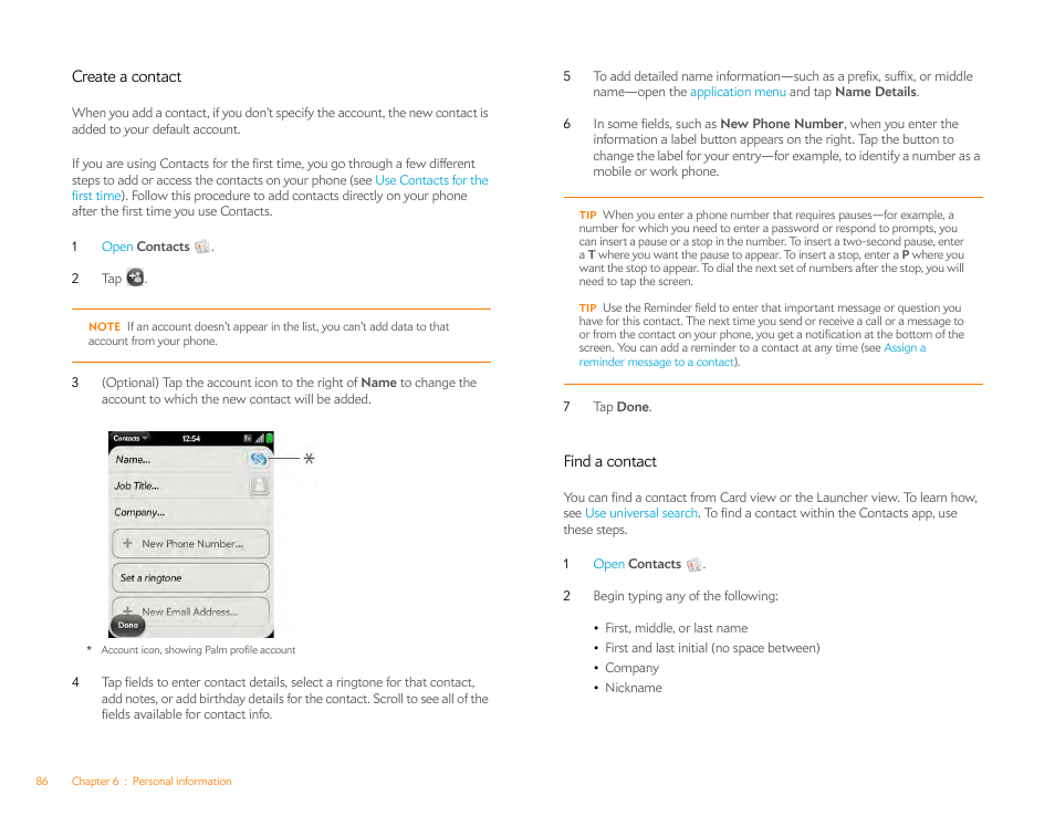 Create a contact, Find a contact | Palm Pixi Plus User Manual | Page 86 / 201