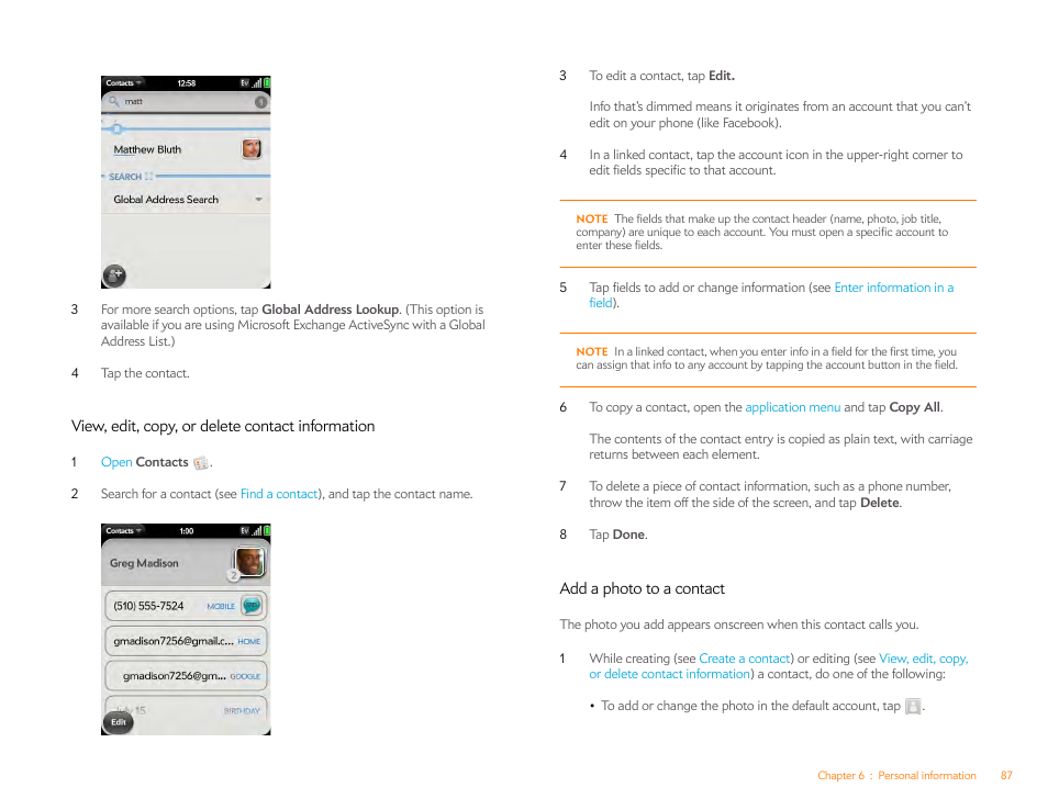 View, edit, copy, or delete contact information, Add a photo to a contact | Palm Pixi Plus User Manual | Page 87 / 201
