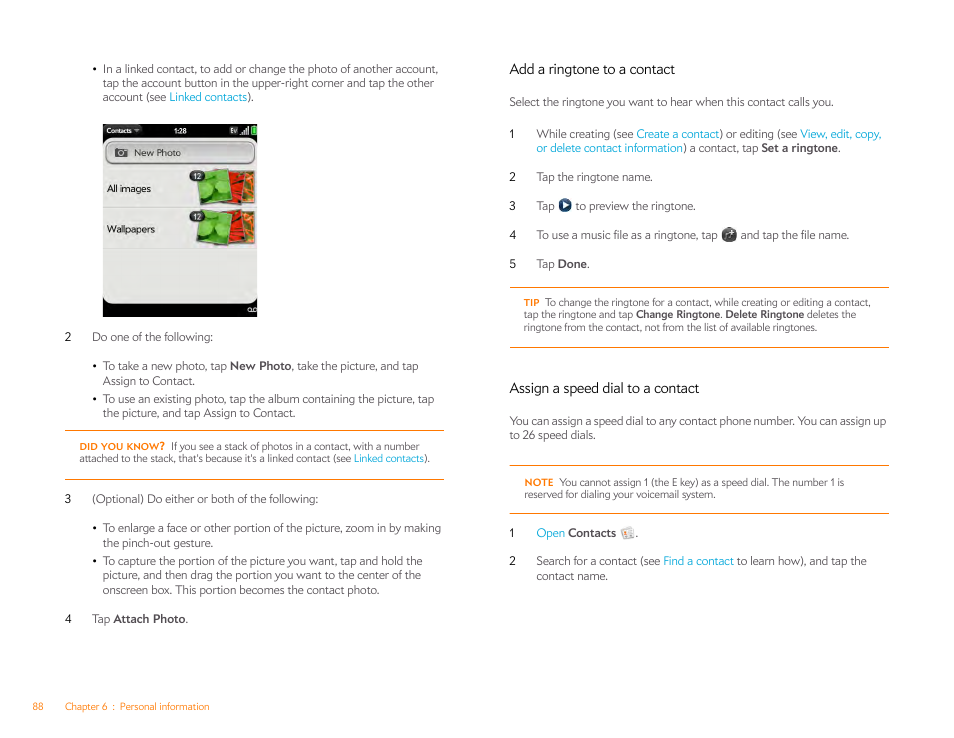 Add a ringtone to a contact, Assign a speed dial to a contact, A ringtone to a contact | Palm Pixi Plus User Manual | Page 88 / 201